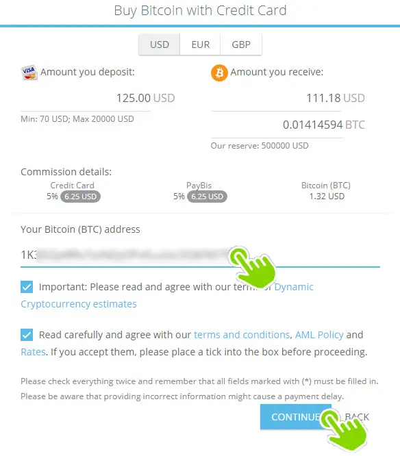 Paybis.com Bitcoin address entry